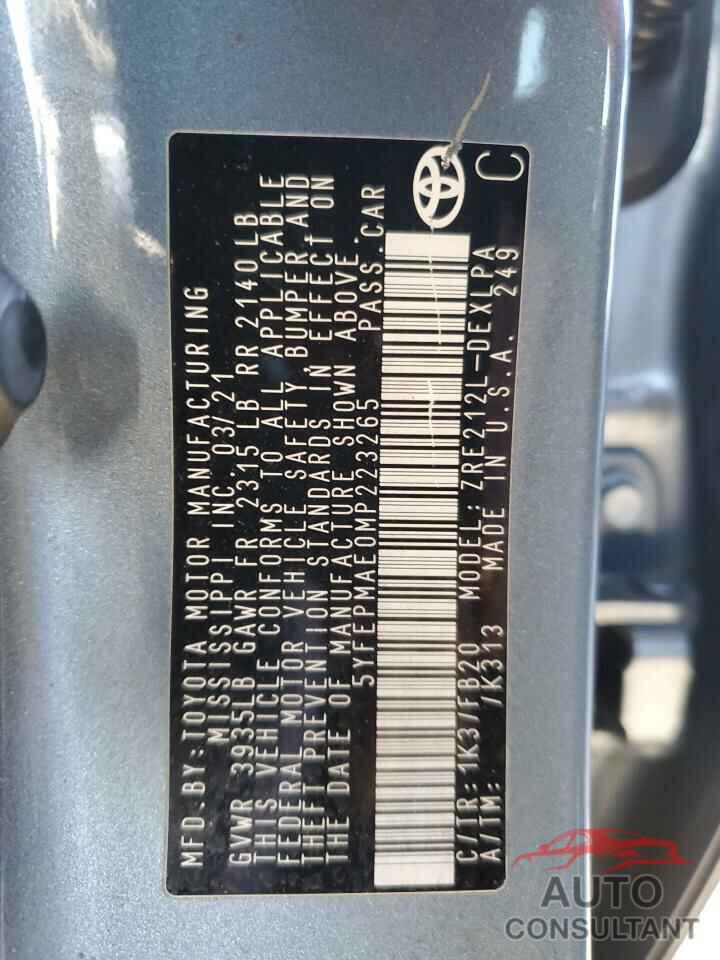 TOYOTA COROLLA 2021 - 5YFEPMAE0MP223265