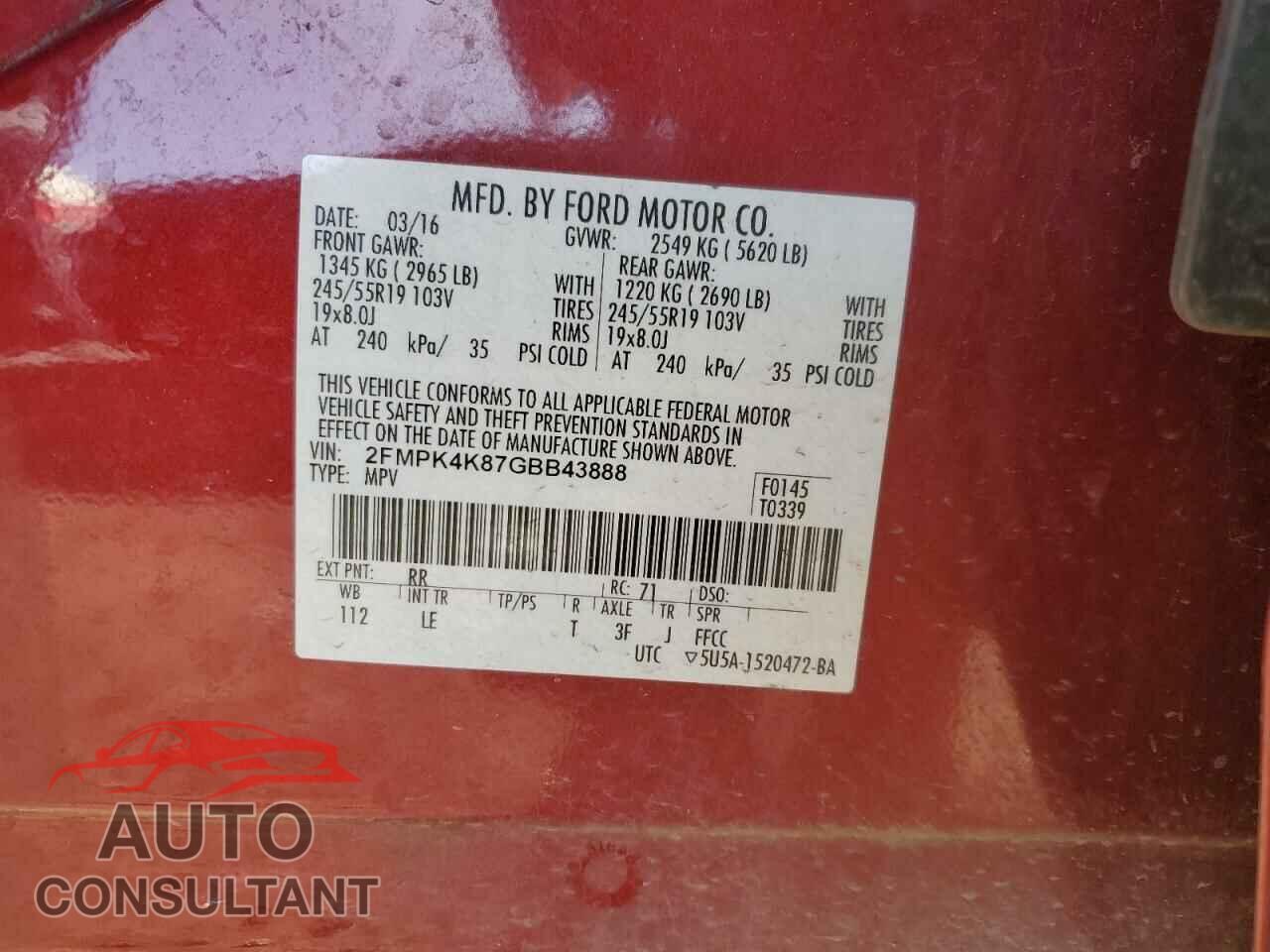 FORD EDGE 2016 - 2FMPK4K87GBB43888