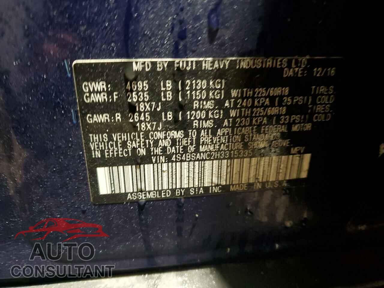 SUBARU OUTBACK 2017 - 4S4BSANC2H3315335