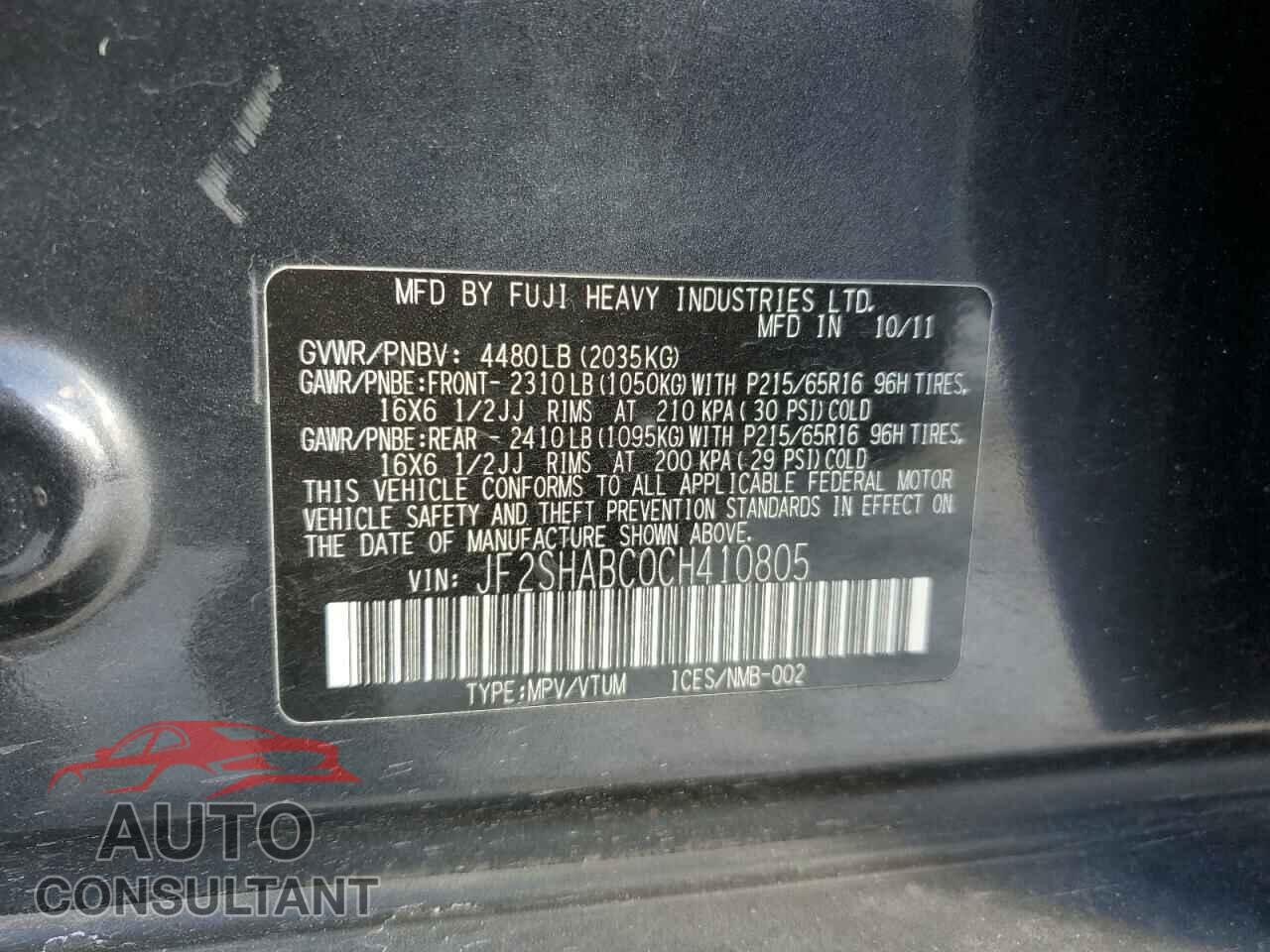 SUBARU FORESTER 2012 - JF2SHABC0CH410805
