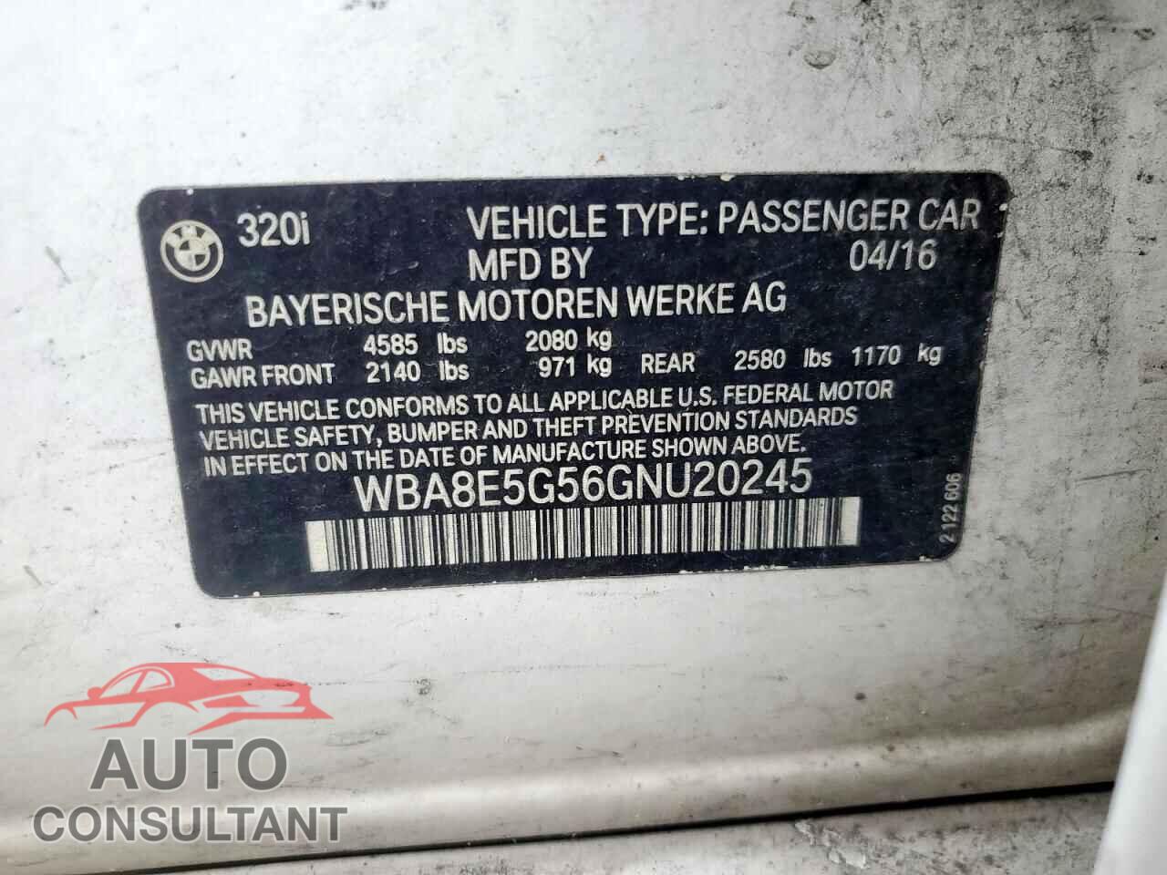 BMW 3 SERIES 2016 - WBA8E5G56GNU20245