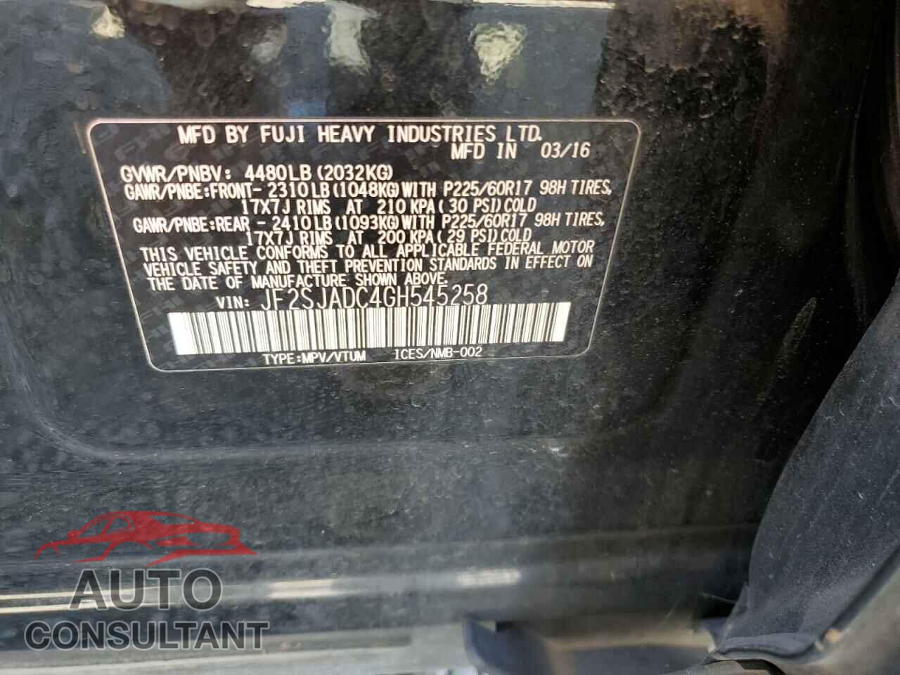 SUBARU FORESTER 2016 - JF2SJADC4GH545258