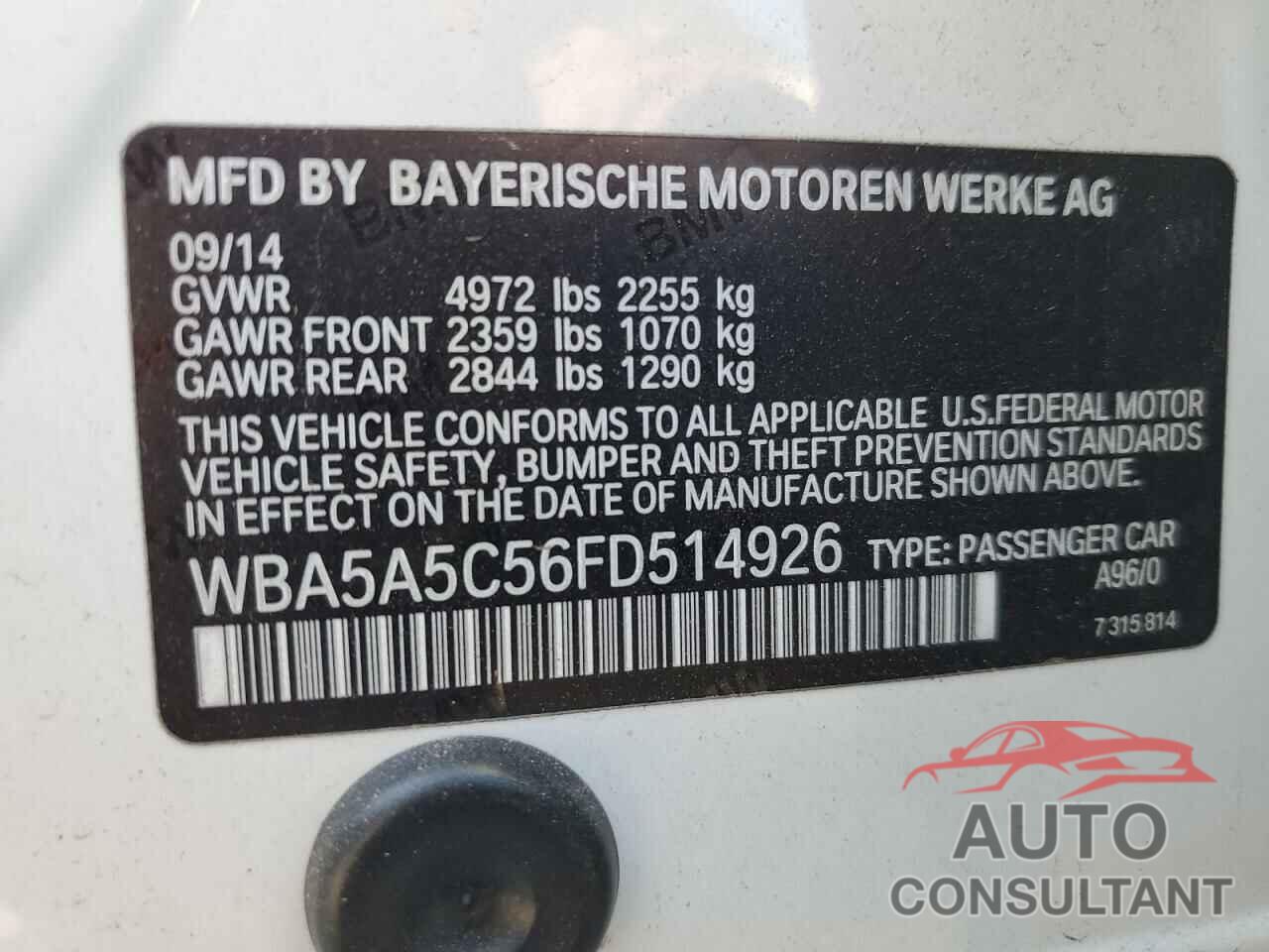 BMW 5 SERIES 2015 - WBA5A5C56FD514926
