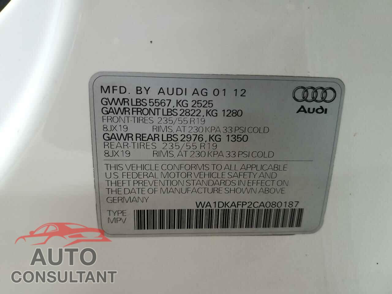 AUDI Q5 2012 - WA1DKAFP2CA080187