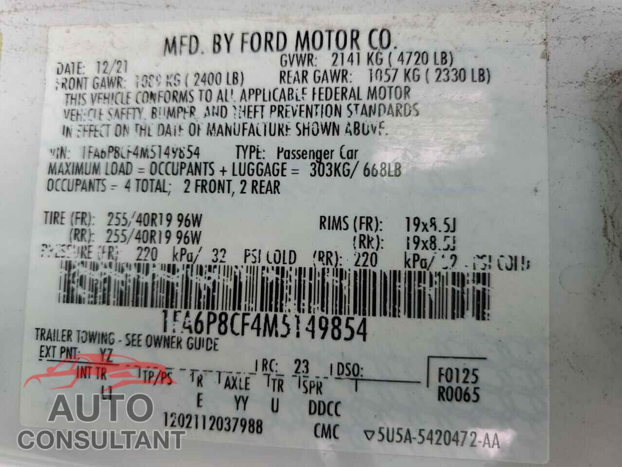 FORD MUSTANG 2021 - 1FA6P8CF4M5149854