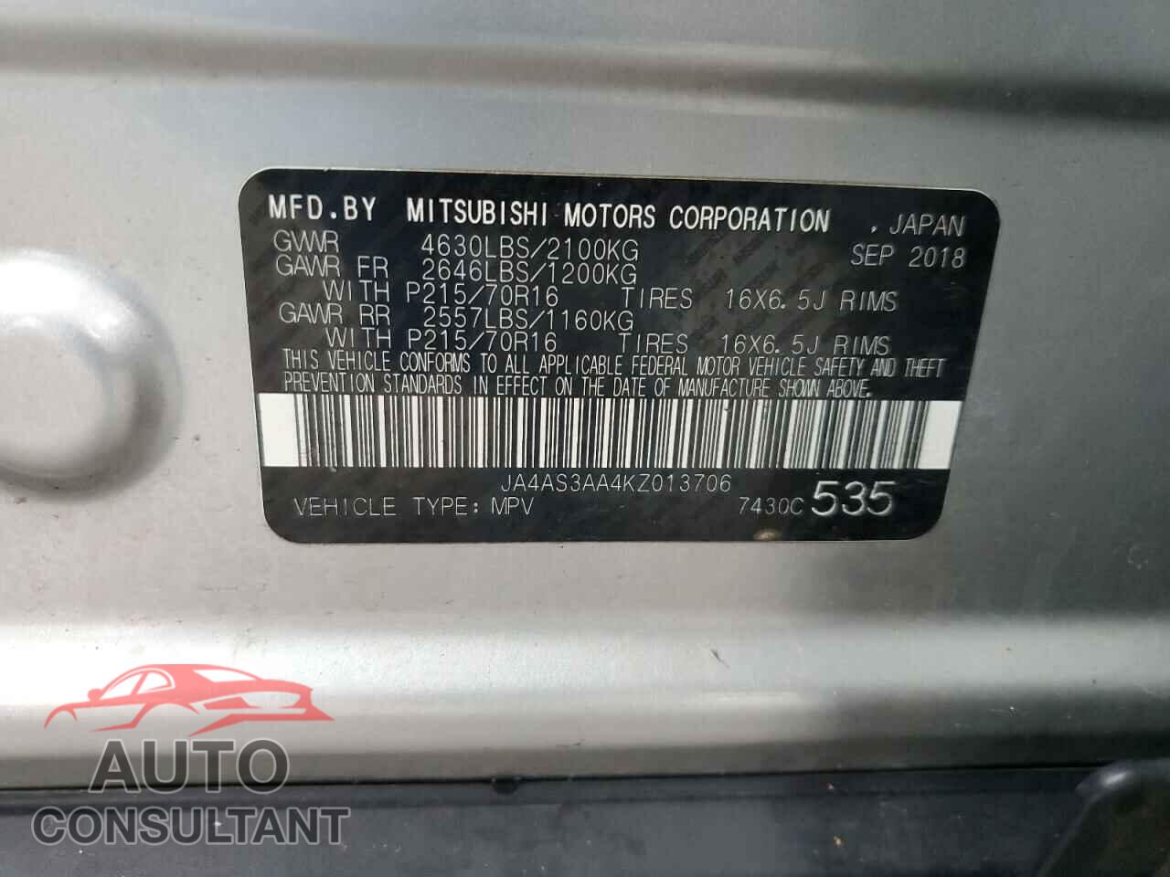 MITSUBISHI ECLIPSE 2019 - JA4AS3AA4KZ013706