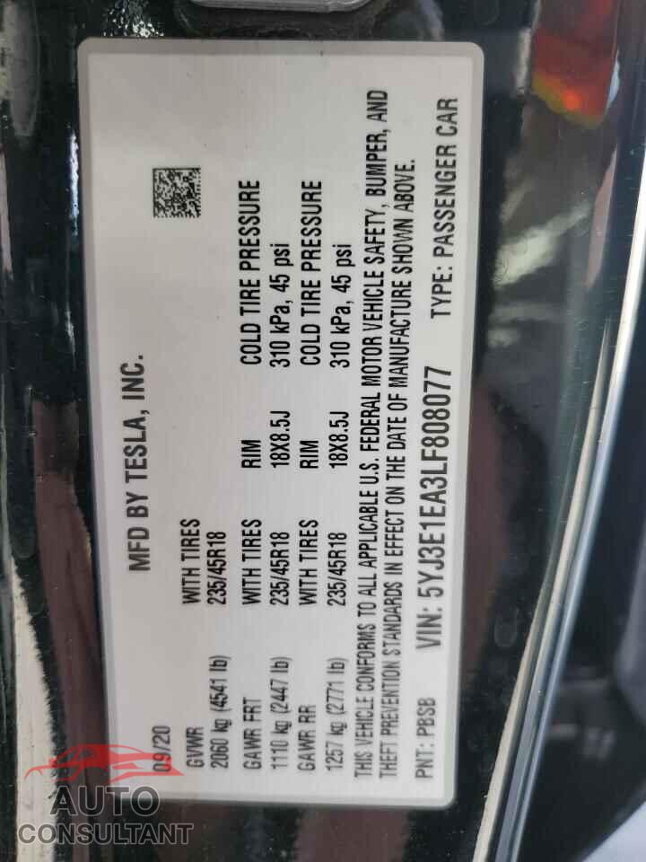 TESLA MODEL 3 2020 - 5YJ3E1EA3LF808077
