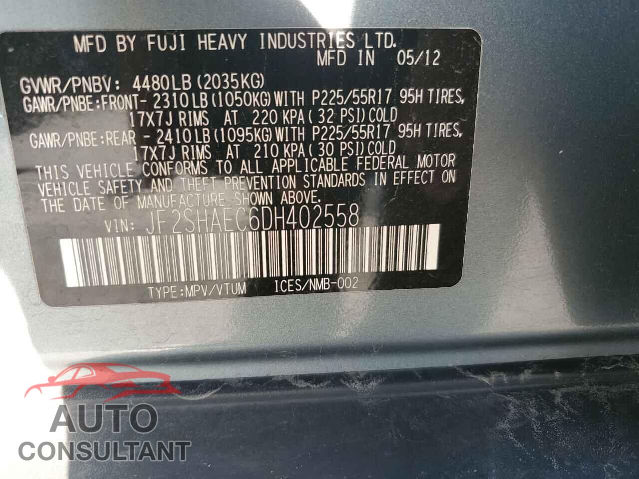 SUBARU FORESTER 2013 - JF2SHAEC6DH402558