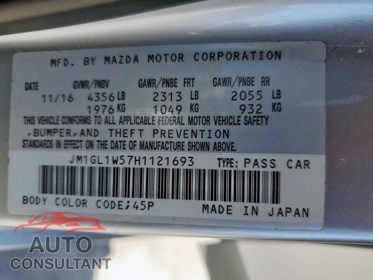 MAZDA 6 2017 - JM1GL1W57H1121693