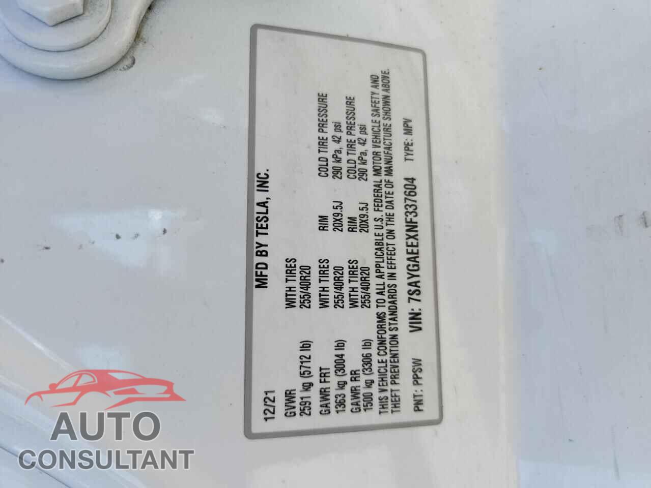 TESLA MODEL Y 2022 - 7SAYGAEEXNF337604