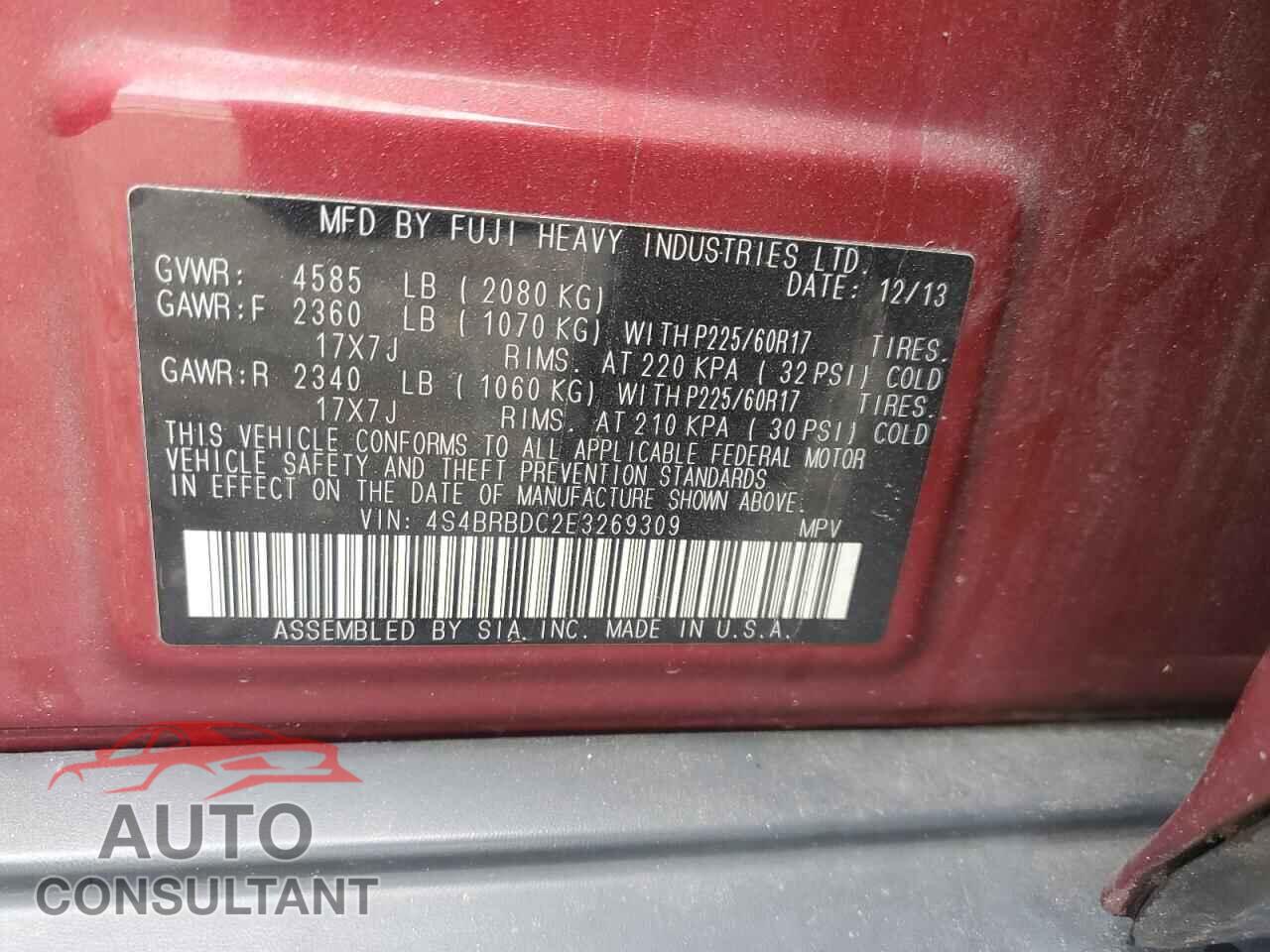 SUBARU OUTBACK 2014 - 4S4BRBDC2E3269309
