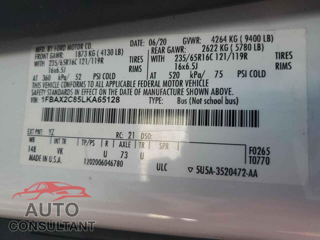 FORD TRANSIT 2020 - 1FBAX2C85LKA65128