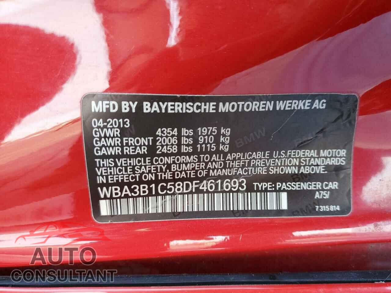 BMW 3 SERIES 2013 - WBA3B1C58DF461693