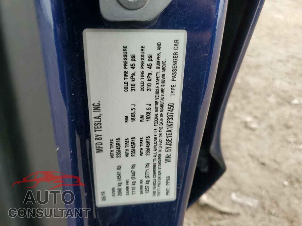 TESLA MODEL 3 2019 - 5YJ3E1EA1KF337450