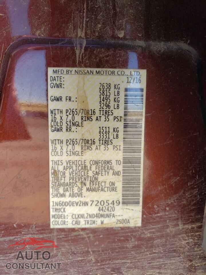 NISSAN FRONTIER 2017 - 1N6DD0EV2HN720549