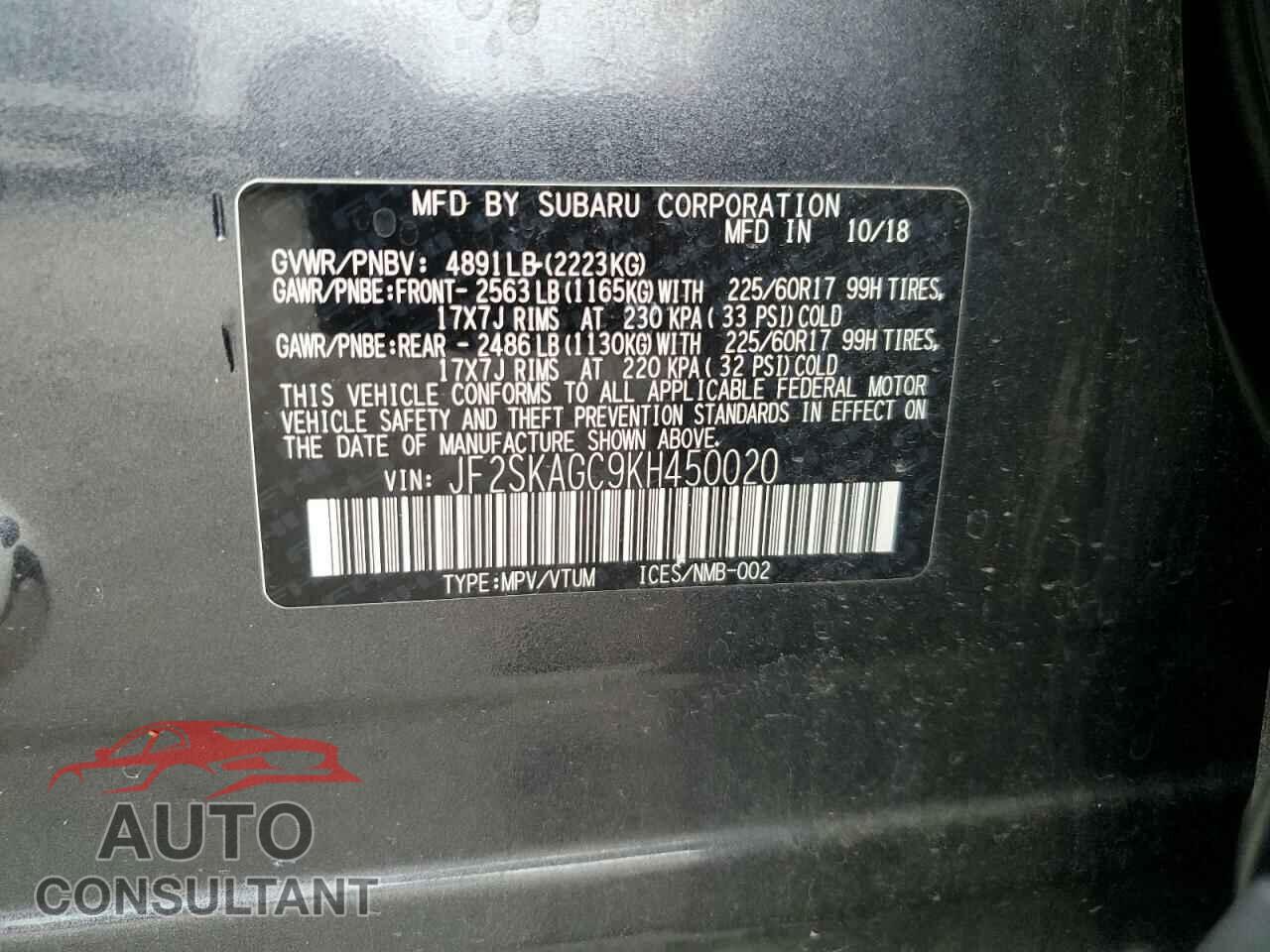 SUBARU FORESTER 2019 - JF2SKAGC9KH450020