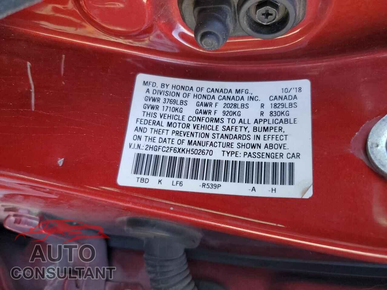 HONDA CIVIC 2019 - 2HGFC2F6XKH502670