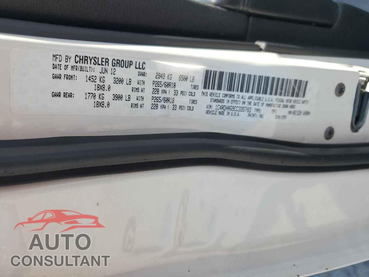 DODGE DURANGO 2012 - 1C4RDHAG9CC335783