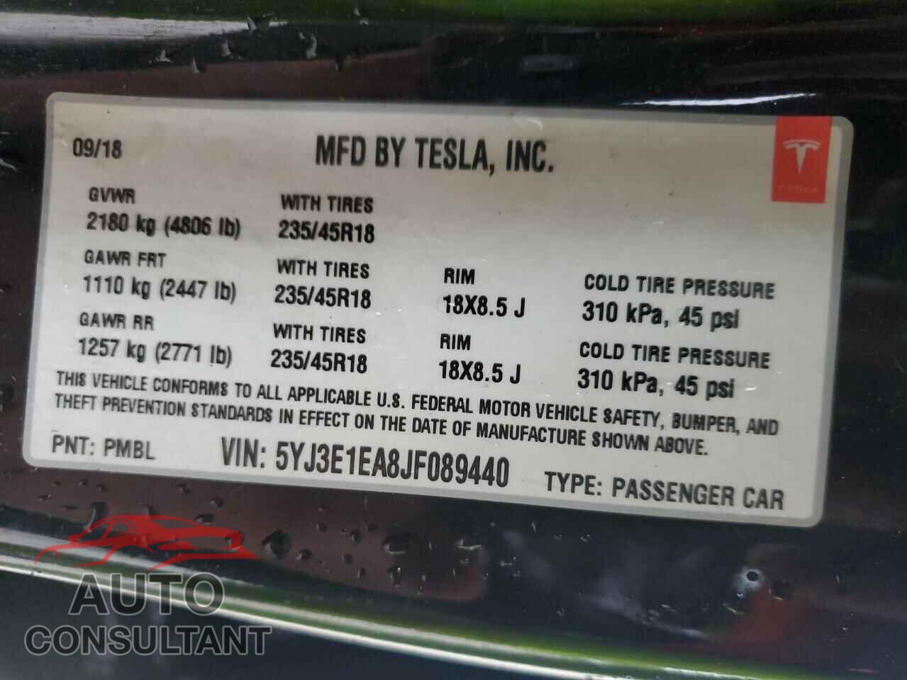 TESLA MODEL 3 2018 - 5YJ3E1EA8JF089440