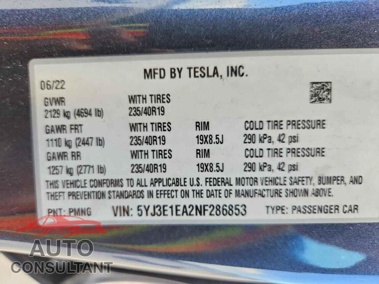 TESLA MODEL 3 2022 - 5YJ3E1EA2NF286853