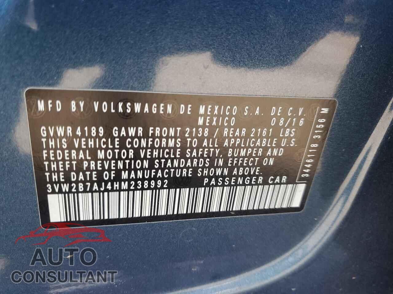 VOLKSWAGEN JETTA 2017 - 3VW2B7AJ4HM238992