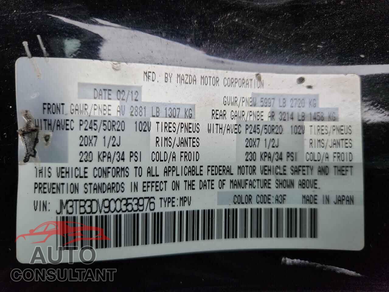 MAZDA CX-9 2012 - JM3TB3DV9C0353976