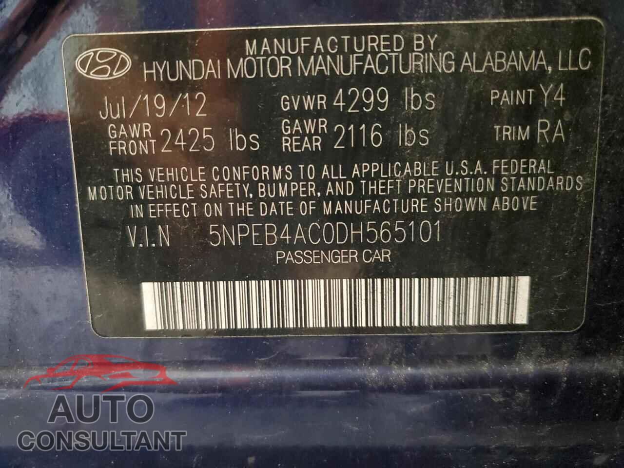 HYUNDAI SONATA 2013 - 5NPEB4AC0DH565101