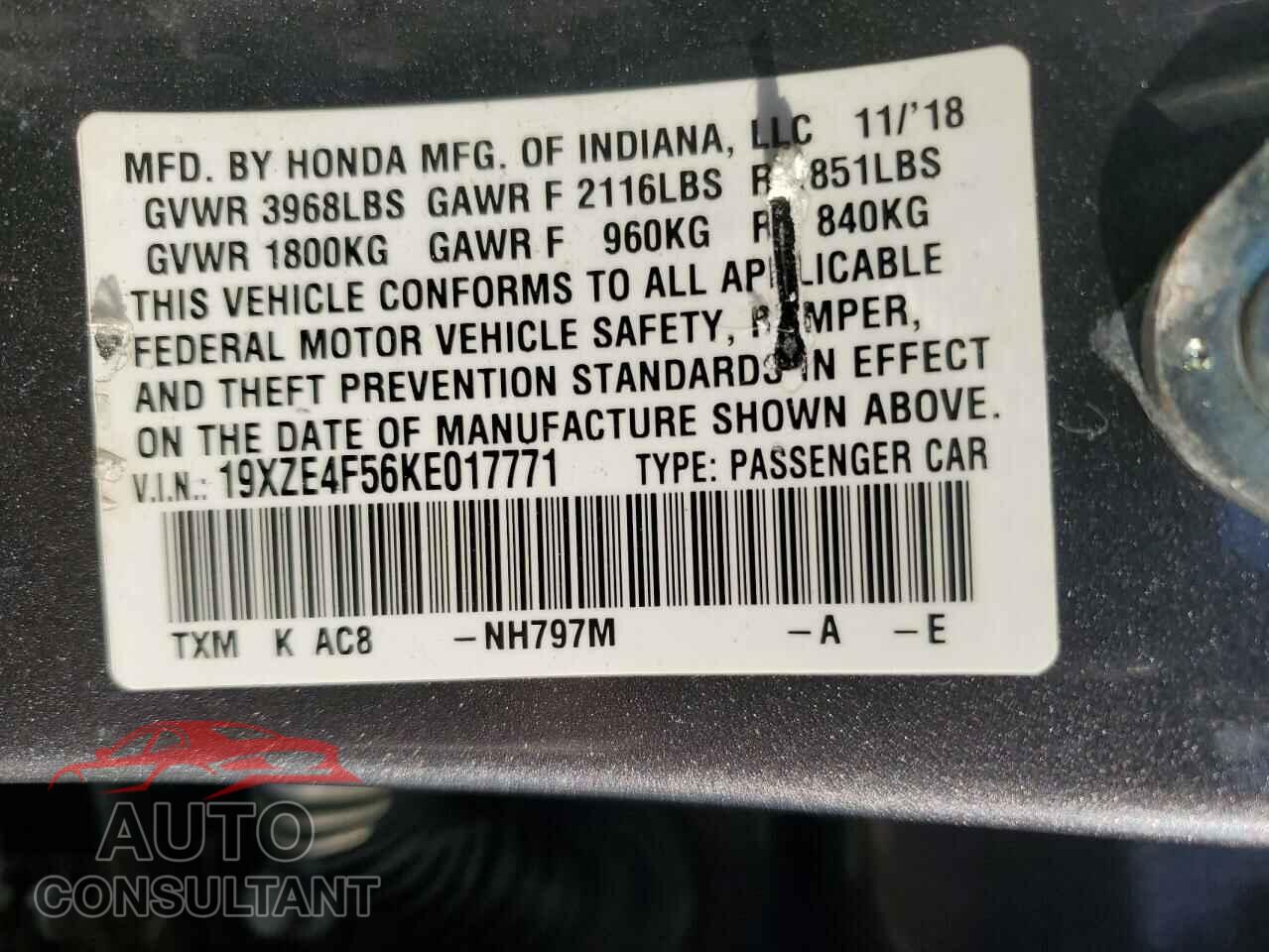 HONDA INSIGHT 2019 - 19XZE4F56KE017771