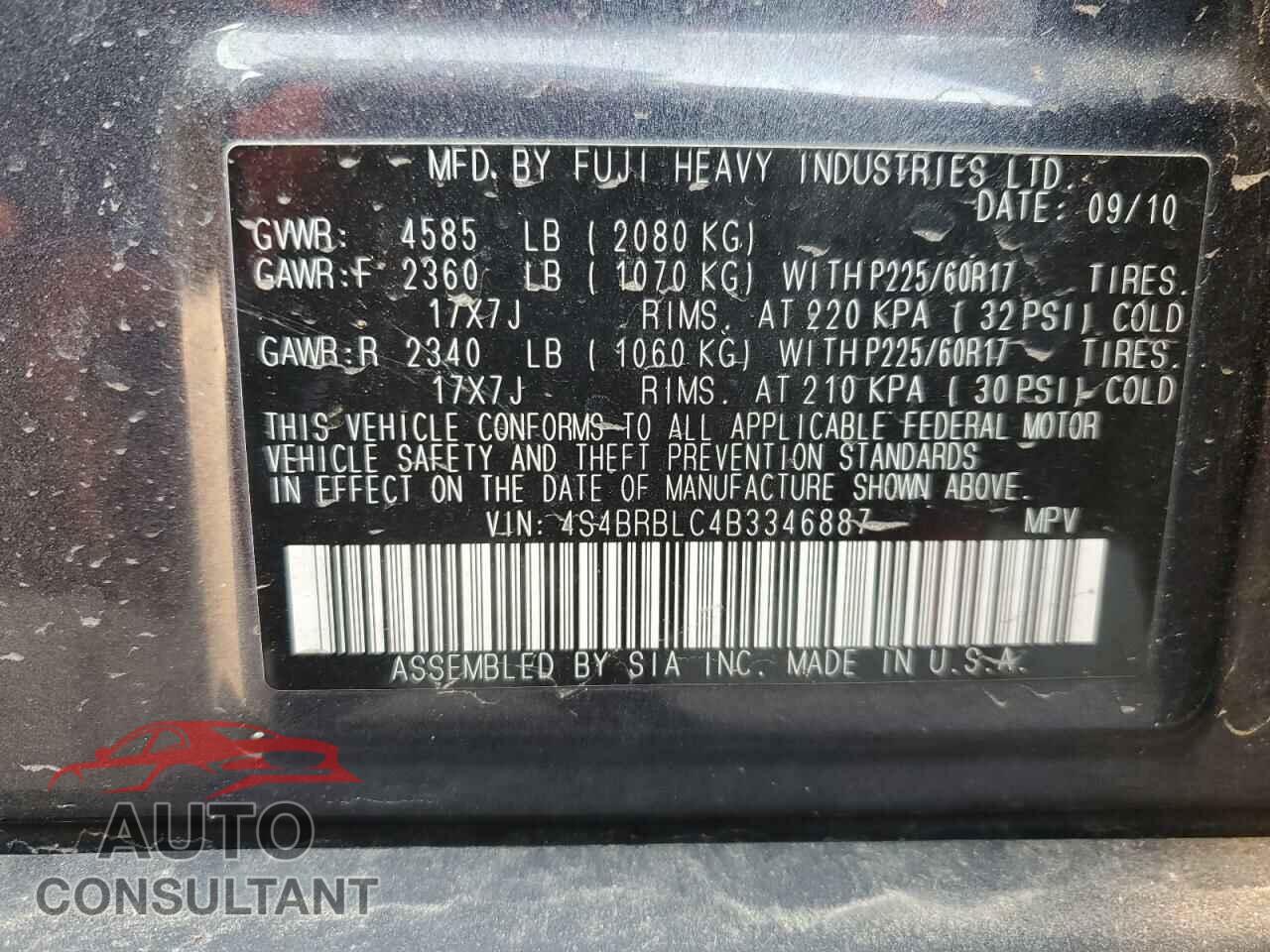 SUBARU OUTBACK 2011 - 4S4BRBLC4B3346887