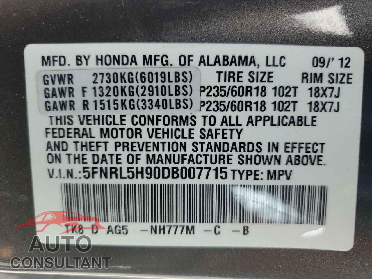 HONDA ODYSSEY 2013 - 5FNRL5H90DB007715