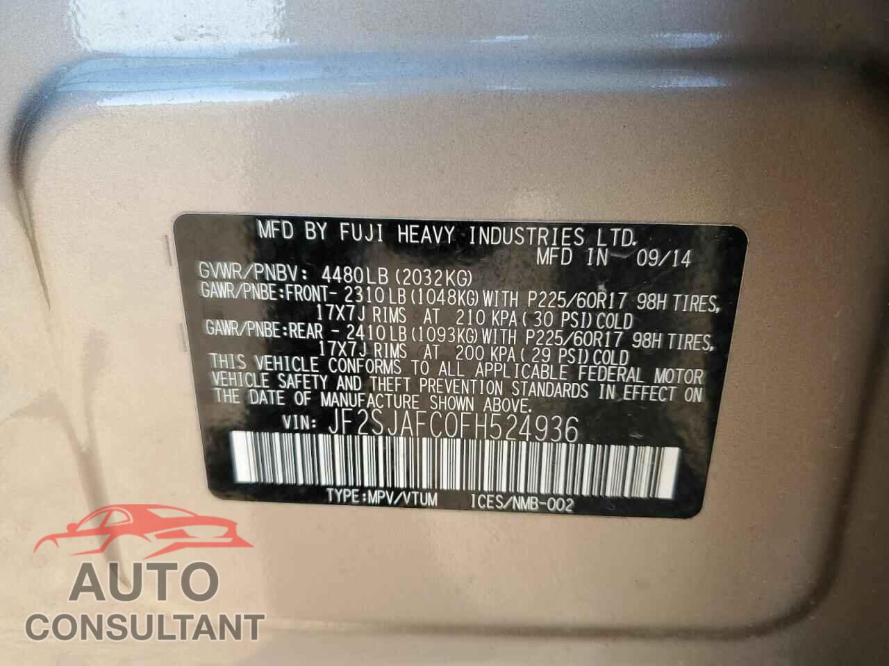 SUBARU FORESTER 2015 - JF2SJAFC0FH524936