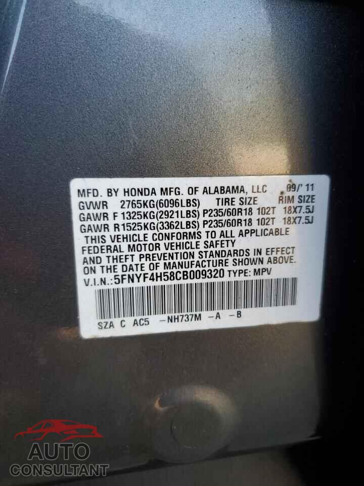 HONDA PILOT 2012 - 5FNYF4H58CB009320