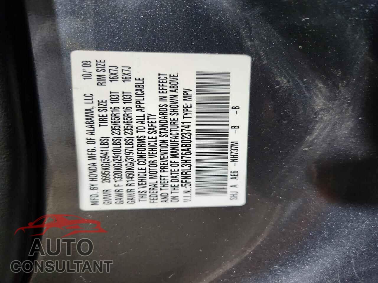 HONDA ODYSSEY 2010 - 5FNRL3H76AB023741