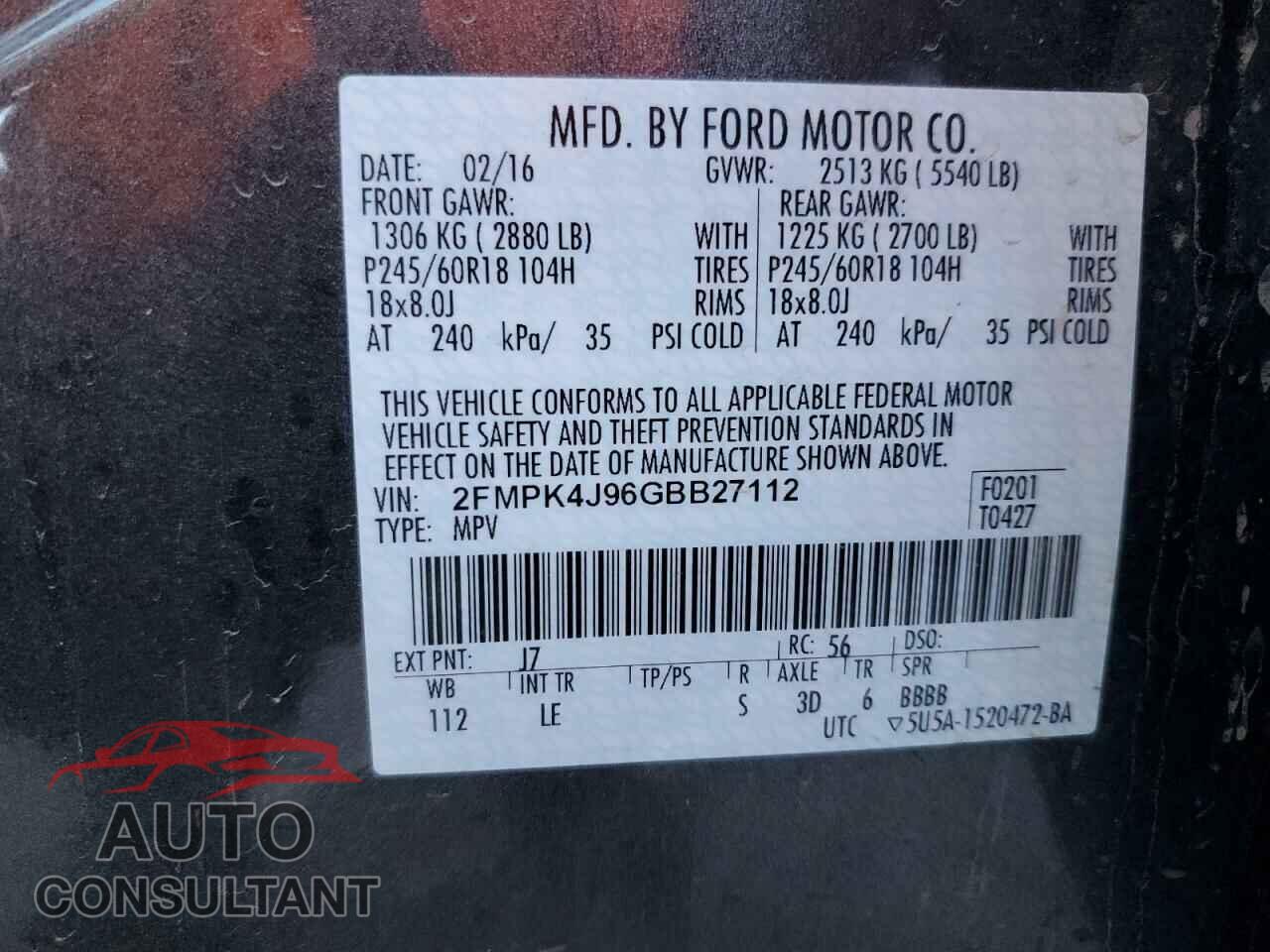 FORD EDGE 2016 - 2FMPK4J96GBB27112