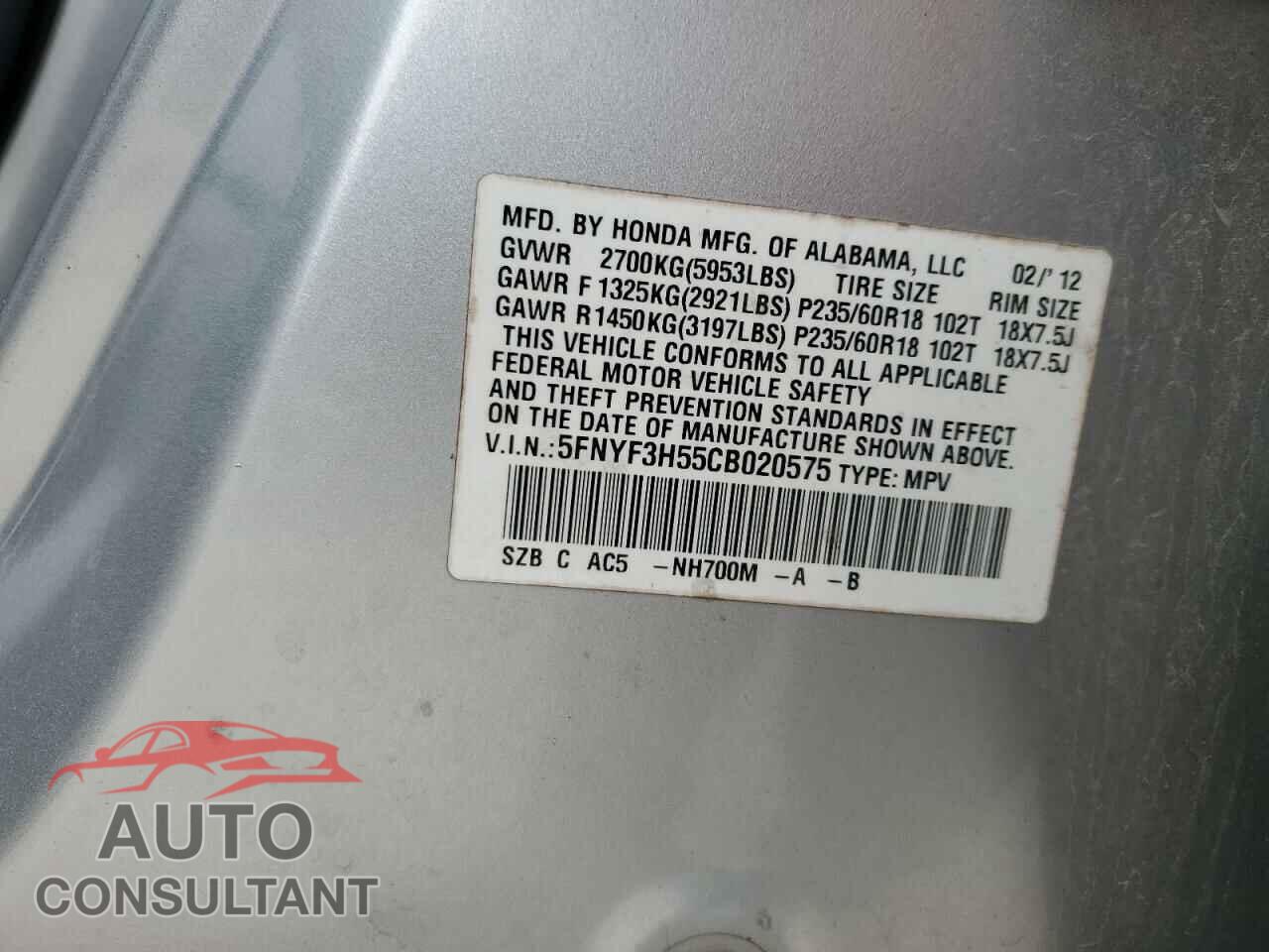 HONDA PILOT 2012 - 5FNYF3H55CB020575