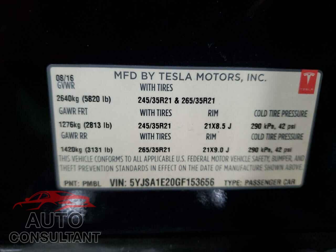 TESLA MODEL S 2016 - 5YJSA1E20GF153656