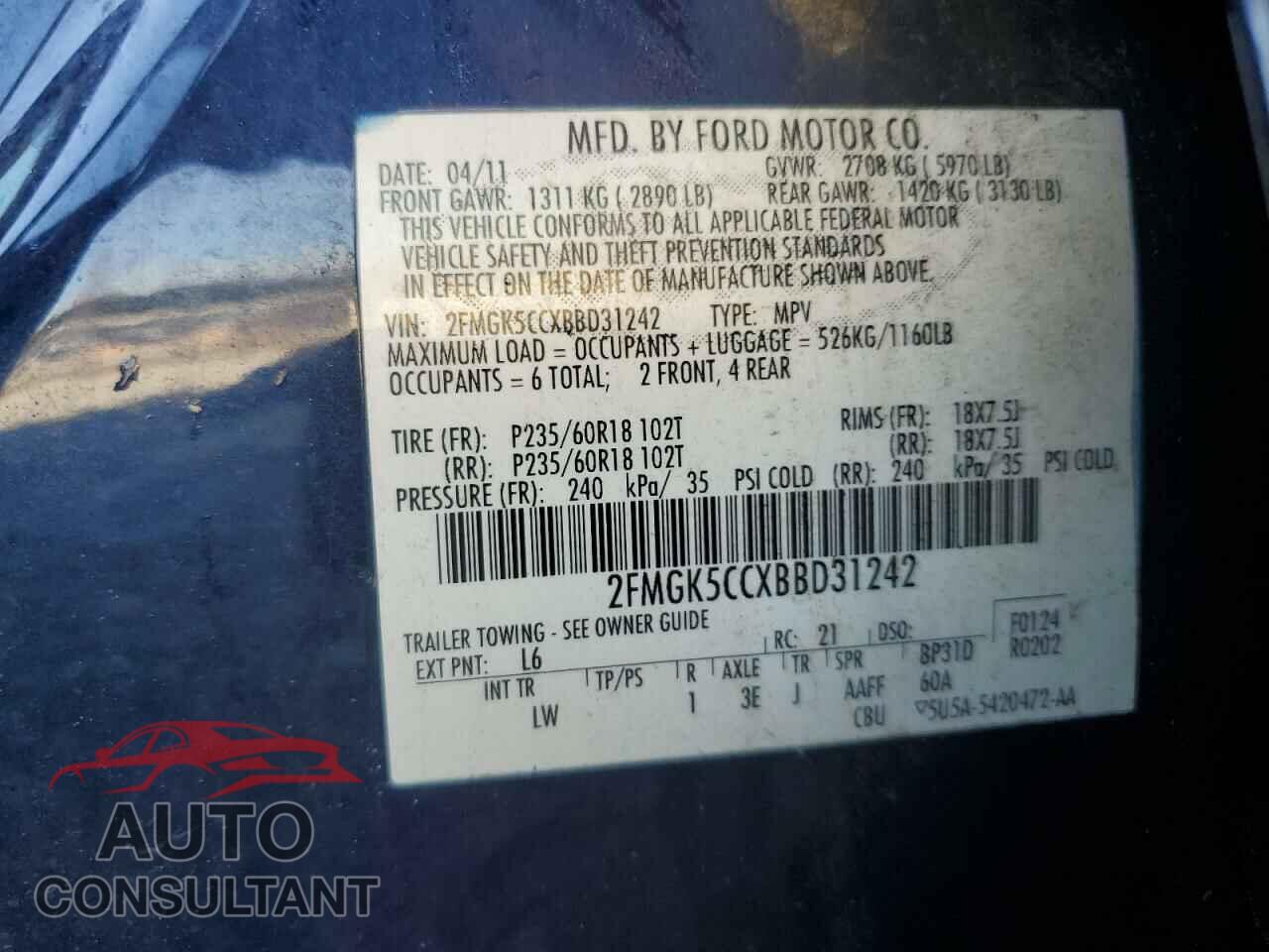 FORD FLEX 2011 - 2FMGK5CCXBBD31242