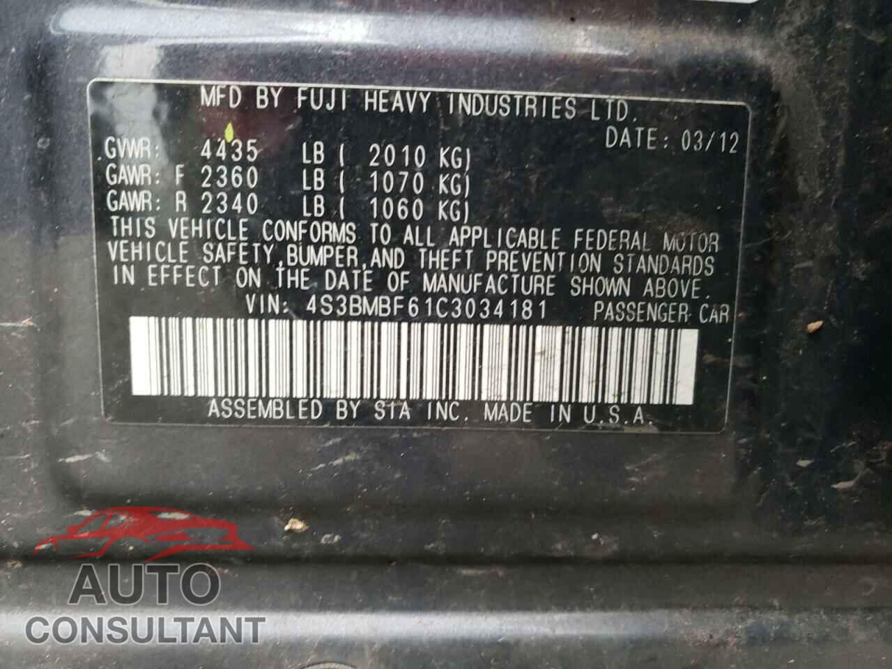 SUBARU LEGACY 2012 - 4S3BMBF61C3034181