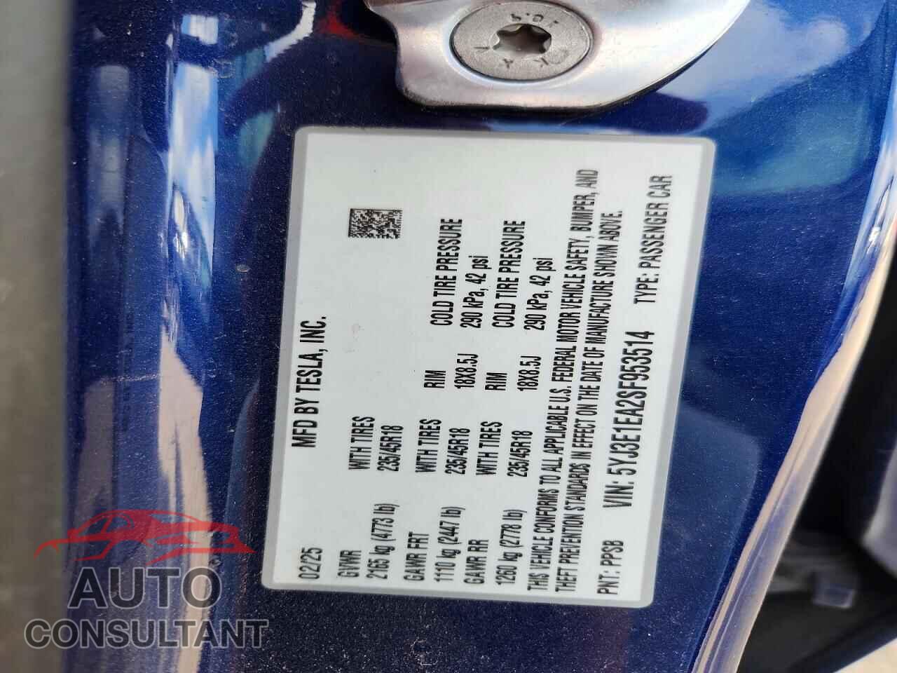 TESLA MODEL 3 2025 - 5YJ3E1EA2SF953514