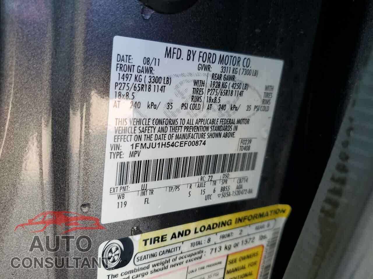 FORD EXPEDITION 2012 - 1FMJU1H54CEF00874