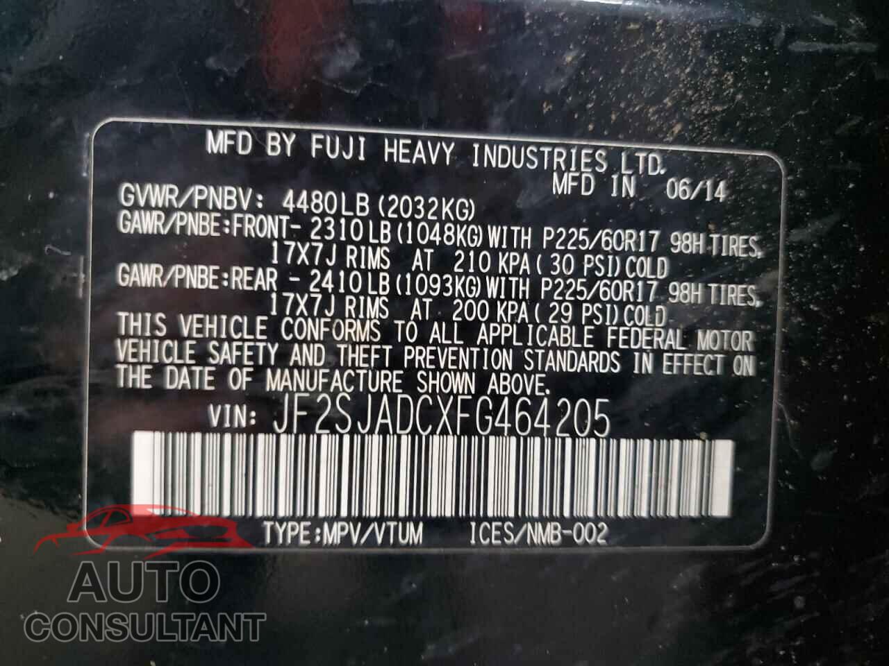 SUBARU FORESTER 2015 - JF2SJADCXFG464205