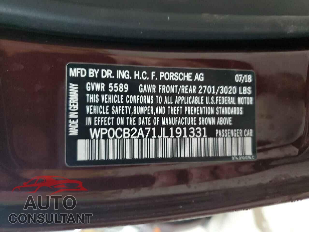 PORSCHE PANAMERA 2018 - WP0CB2A71JL191331