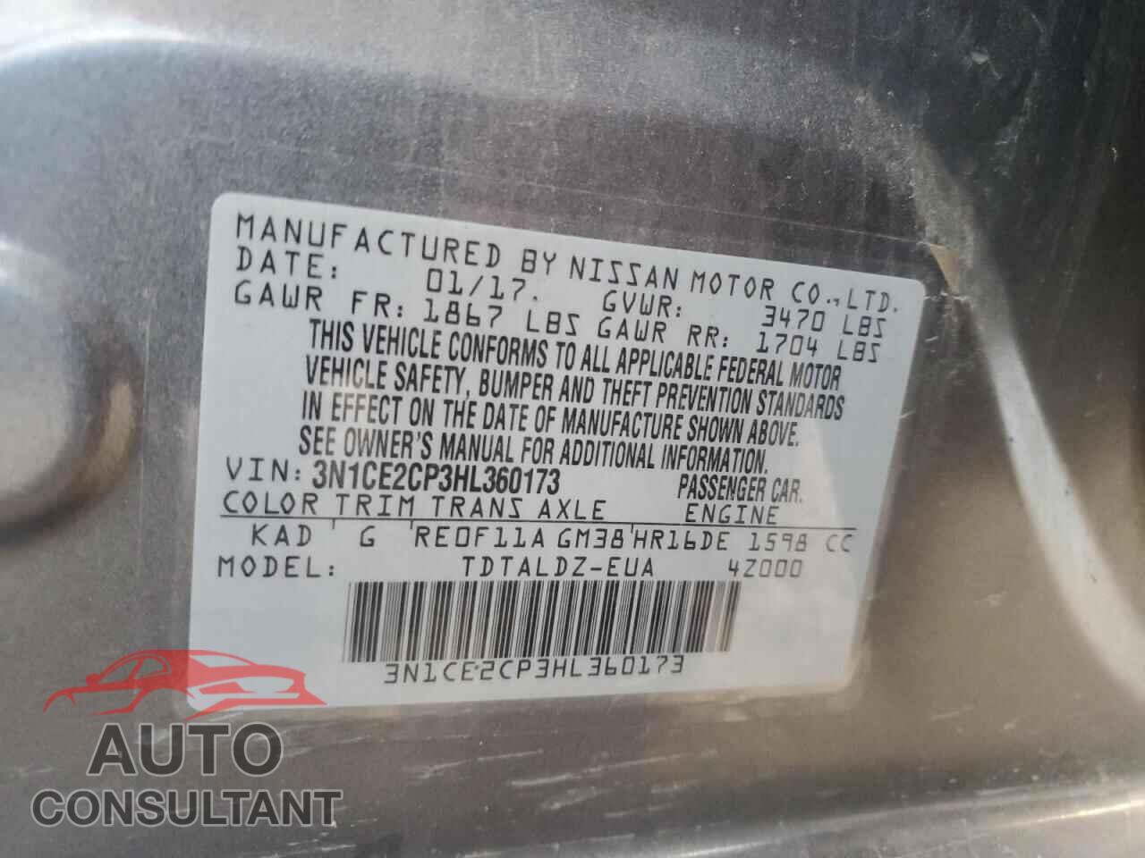 NISSAN VERSA 2017 - 3N1CE2CP3HL360173