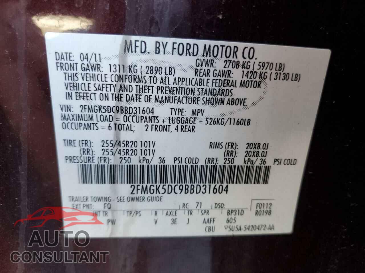 FORD FLEX 2011 - 2FMGK5DC9BBD31604