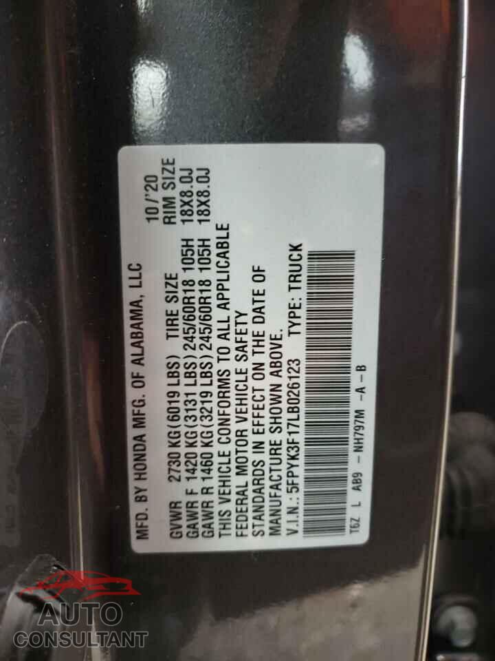HONDA RIDGELINE 2020 - 5FPYK3F17LB026123
