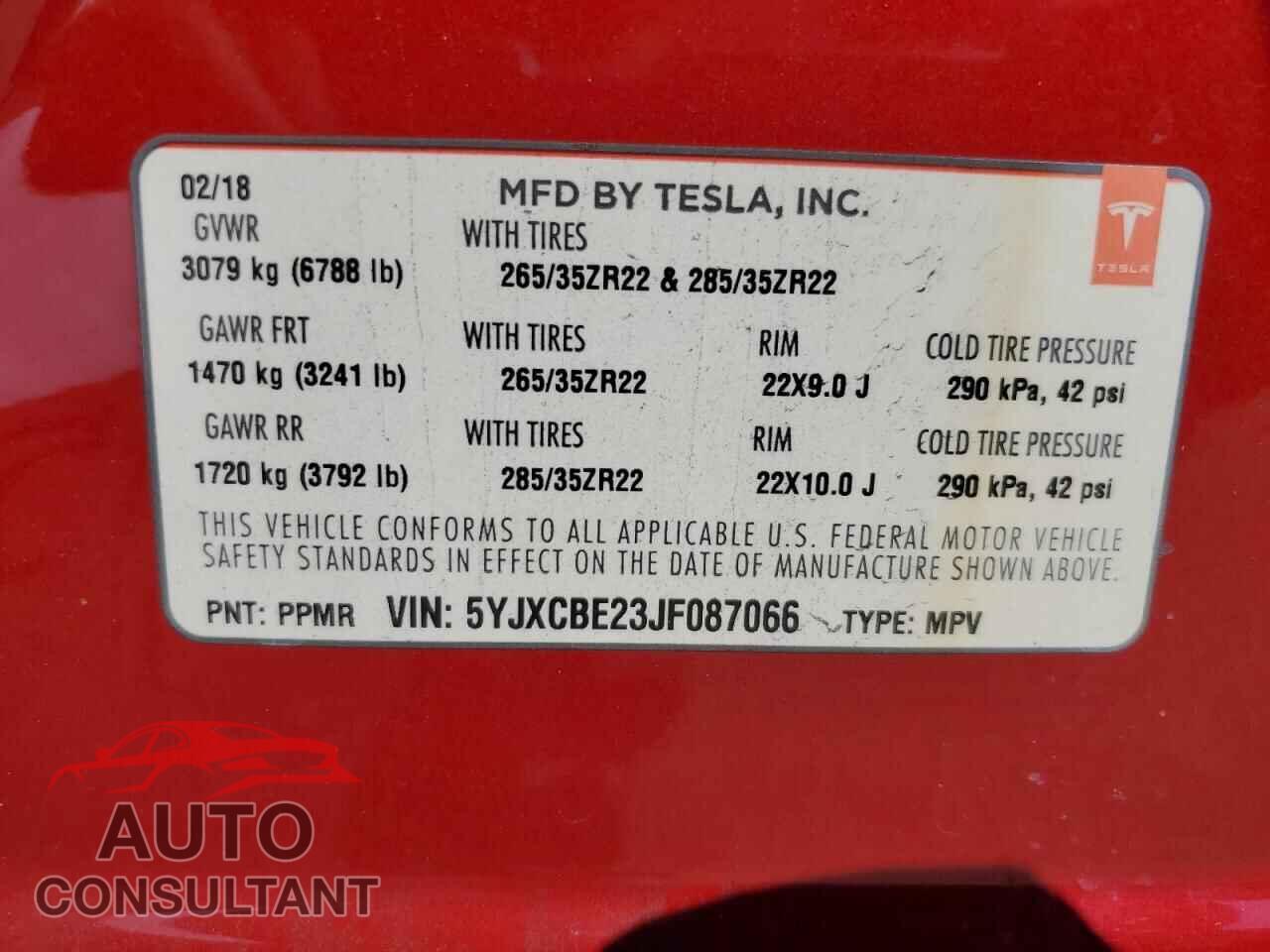 TESLA MODEL X 2018 - 5YJXCBE23JF087066