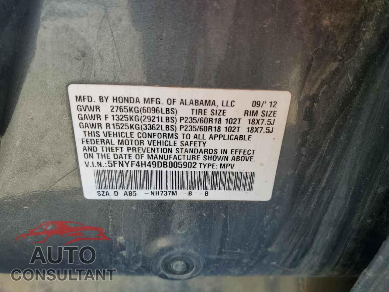 HONDA PILOT 2013 - 5FNYF4H49DB005902