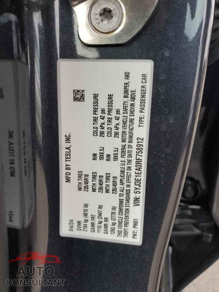 TESLA MODEL 3 2024 - 5YJ3E1EA0RF758912
