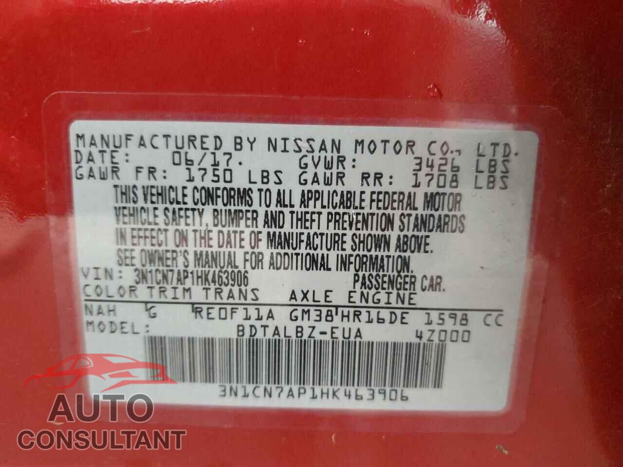 NISSAN VERSA 2017 - 3N1CN7AP1HK463906