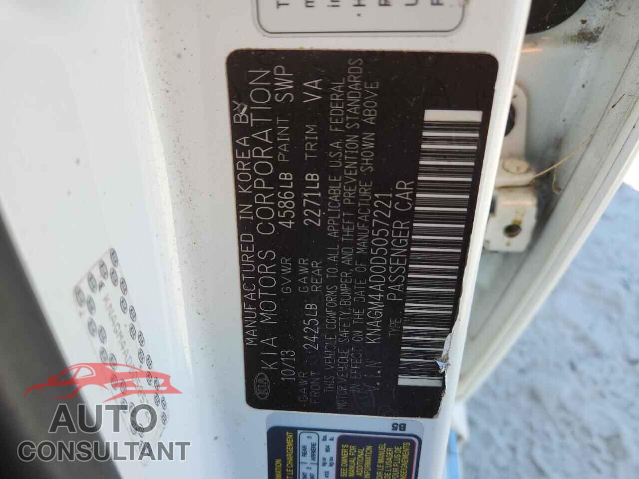 KIA OPTIMA 2013 - KNAGM4AD0D5057221